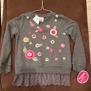 Nannette Gray Sweatshirt with Pink Floral Design and Lace Hem Sz 6 New With Tag